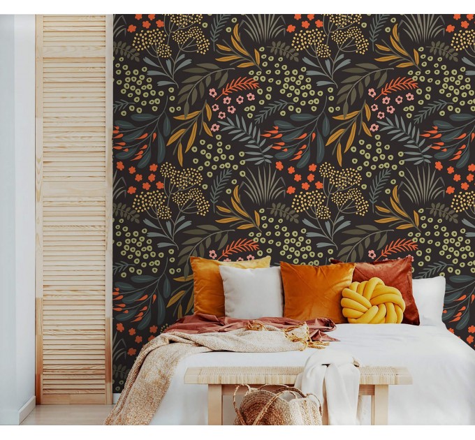Dark floral wallpaper leaves and herbs, accent wall covering