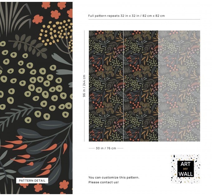 Dark floral wallpaper leaves and herbs, accent wall covering