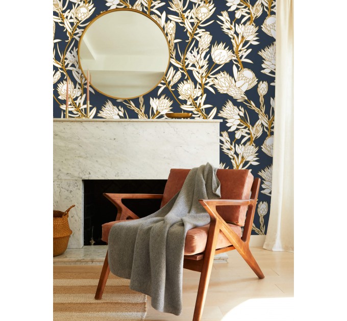 Dark elegant floral wallpaper, protea flowers wall decor