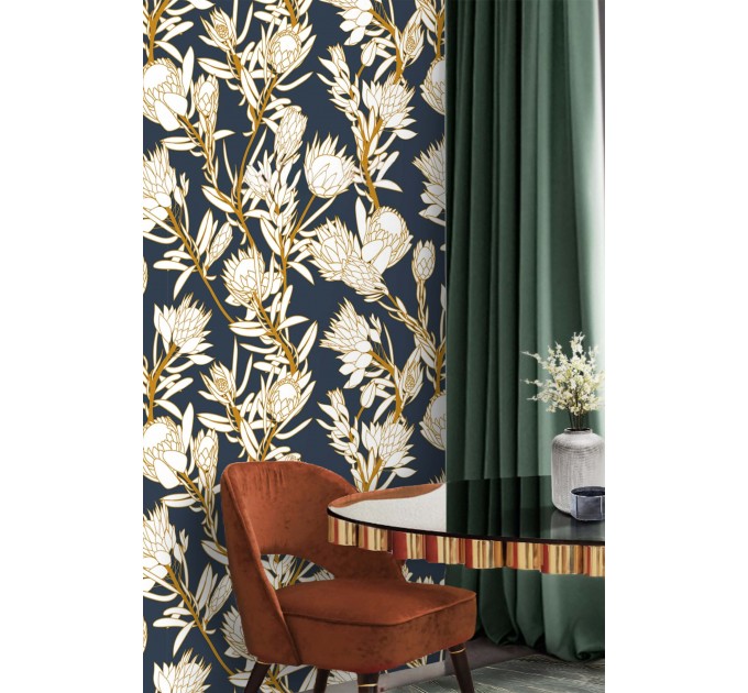 Dark elegant floral wallpaper, protea flowers wall decor