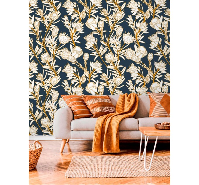 Dark elegant floral wallpaper, protea flowers wall decor