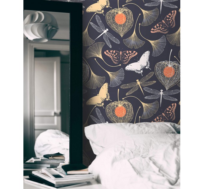 Dark botanical wallpaper Mystery garden with butterflies