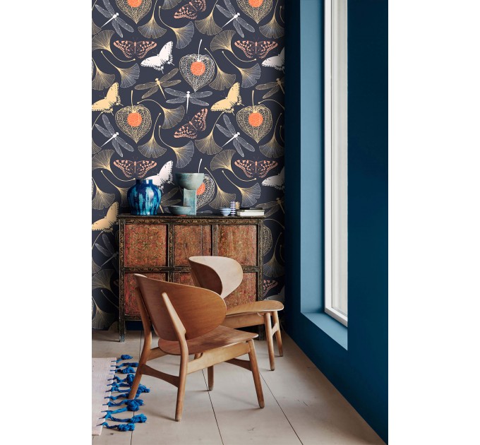 Dark botanical wallpaper Mystery garden with butterflies