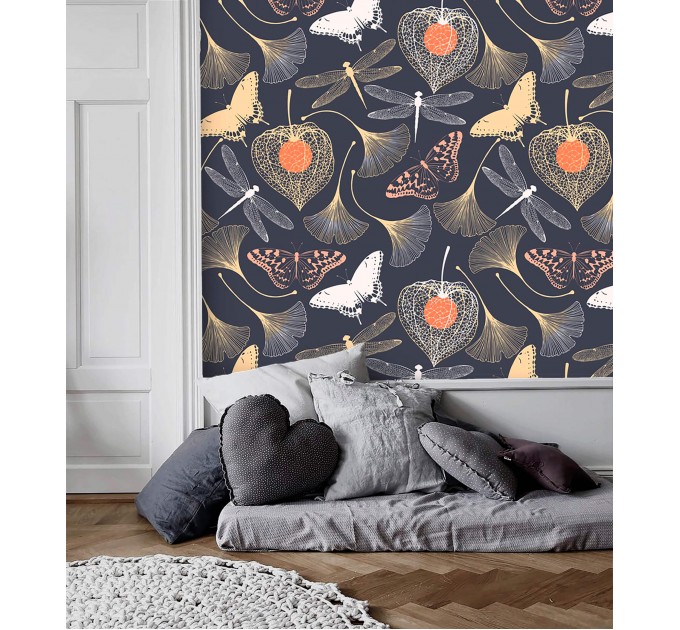 Dark botanical wallpaper Mystery garden with butterflies