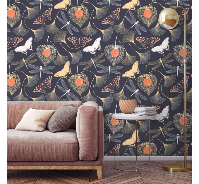 Dark botanical wallpaper Mystery garden with butterflies