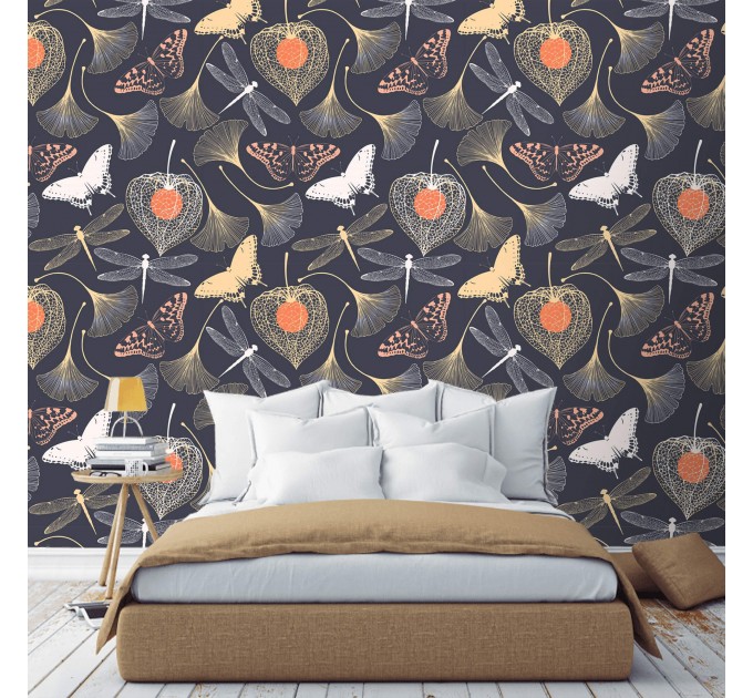 Dark botanical wallpaper Mystery garden with butterflies