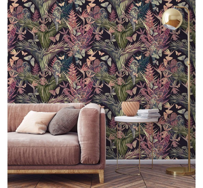 Tropical wallpaper flowers hummingbirds and butterflies