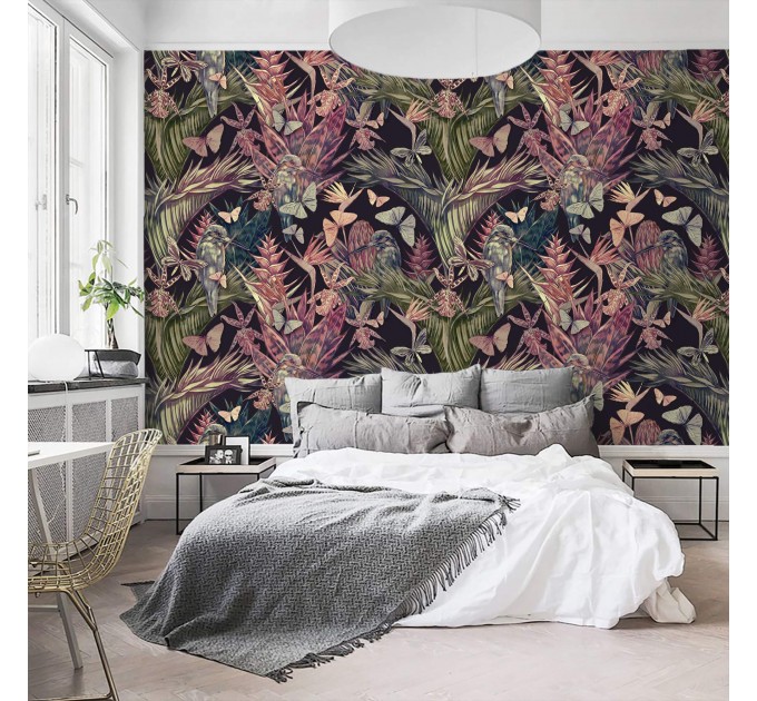 Tropical wallpaper flowers hummingbirds and butterflies