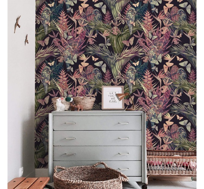 Tropical wallpaper flowers hummingbirds and butterflies