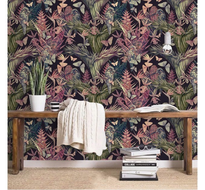 Tropical wallpaper flowers hummingbirds and butterflies