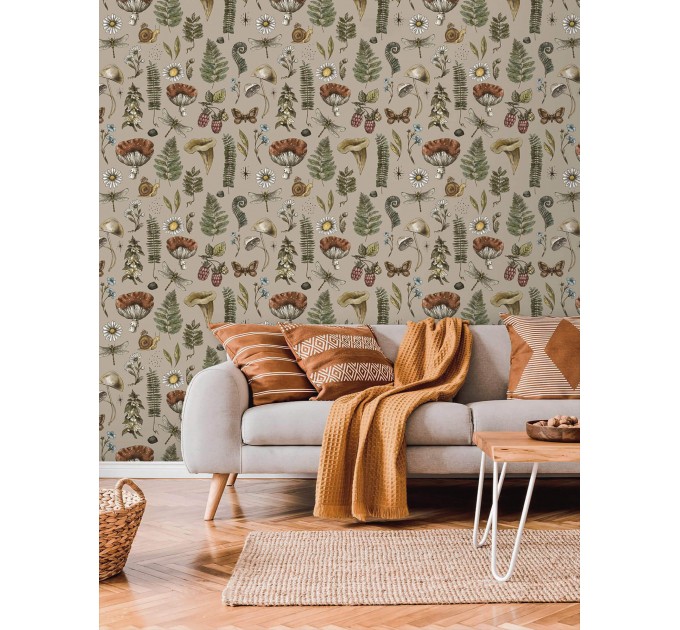 Mushroom botanical wallpaper, whimsical forest pattern