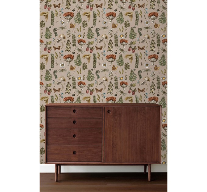 Mushroom botanical wallpaper, whimsical forest pattern