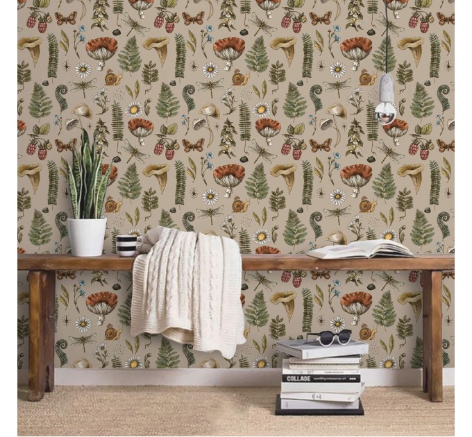 Mushroom botanical wallpaper, whimsical forest pattern