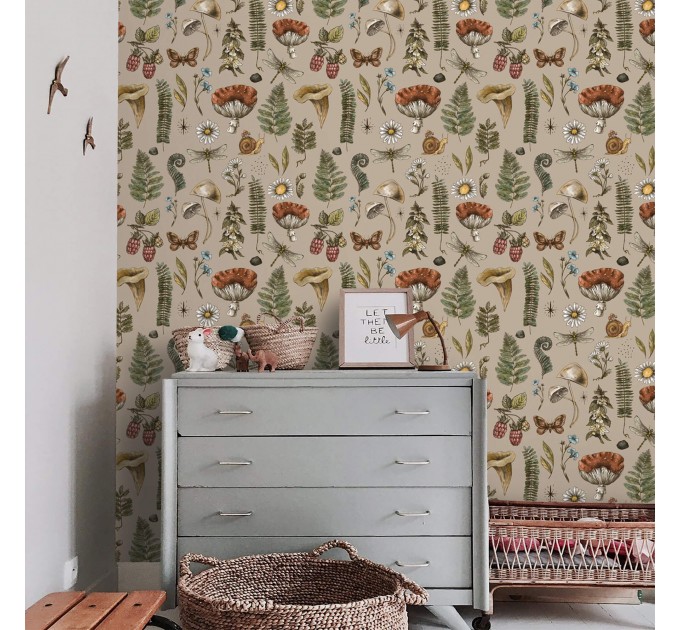 Mushroom botanical wallpaper, whimsical forest pattern