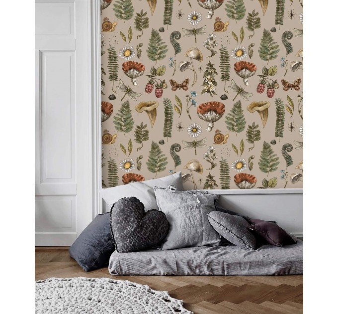 Mushroom botanical wallpaper, whimsical forest pattern