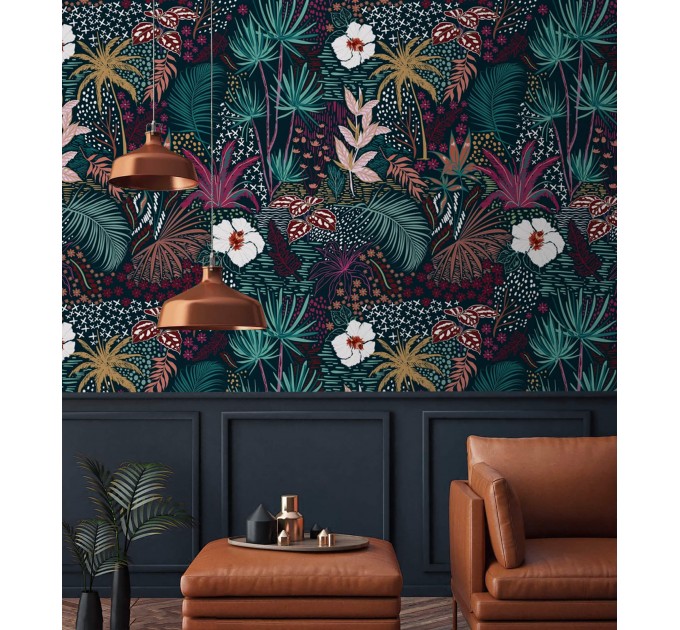 Dark tropical wallpaper exotic flowers and leaves
