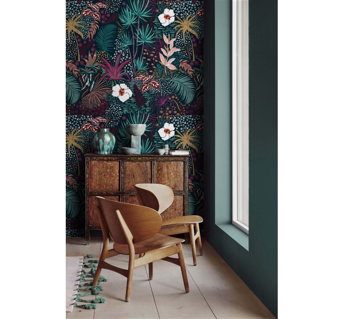 Dark tropical wallpaper exotic flowers and leaves
