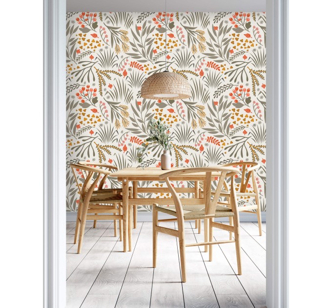 Scandinavian botanical wallpaper with floral & leaf pattern