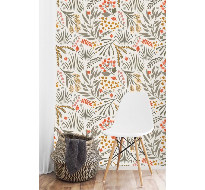 Scandinavian botanical wallpaper with floral & leaf pattern