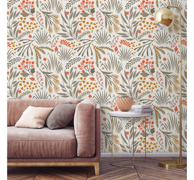 Scandinavian botanical wallpaper with floral & leaf pattern