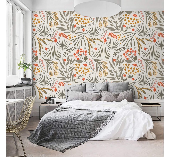 Scandinavian botanical wallpaper with floral & leaf pattern