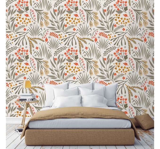 Scandinavian botanical wallpaper with floral & leaf pattern