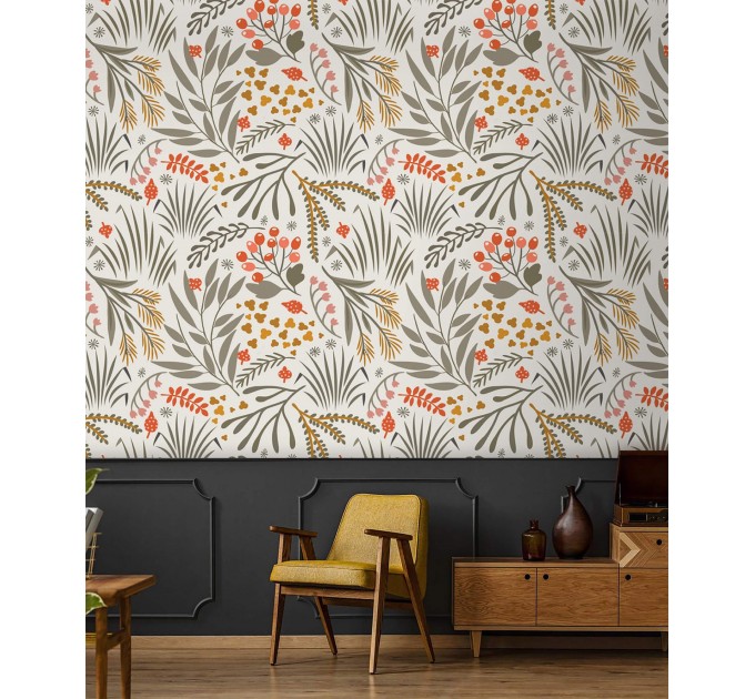 Scandinavian botanical wallpaper with floral & leaf pattern