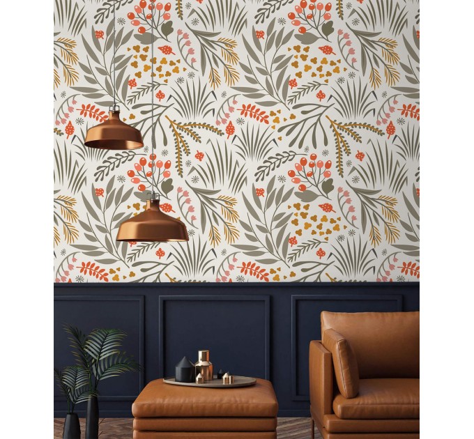 Scandinavian botanical wallpaper with floral & leaf pattern