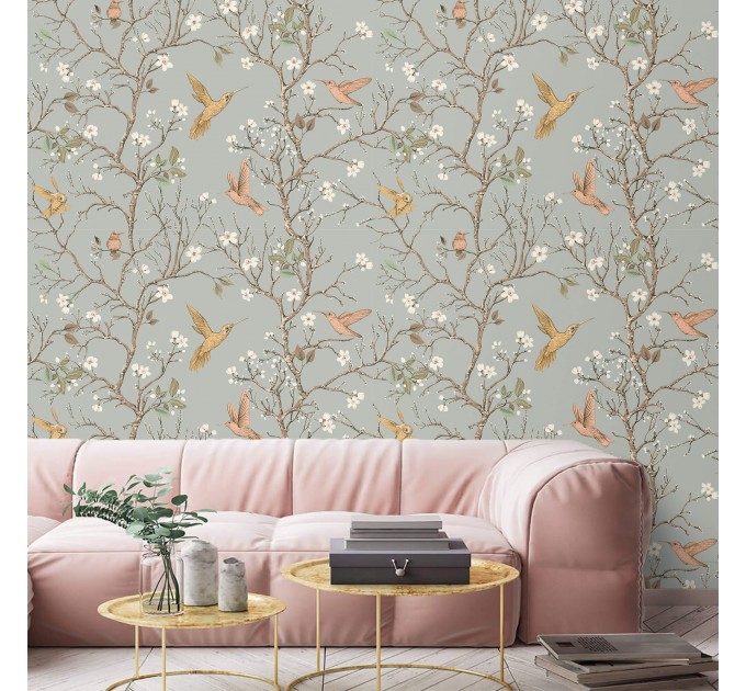 Wallpaper Chinoiserie style with hummingbirds