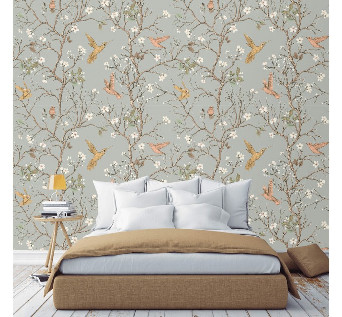 Wallpaper Chinoiserie style with hummingbirds