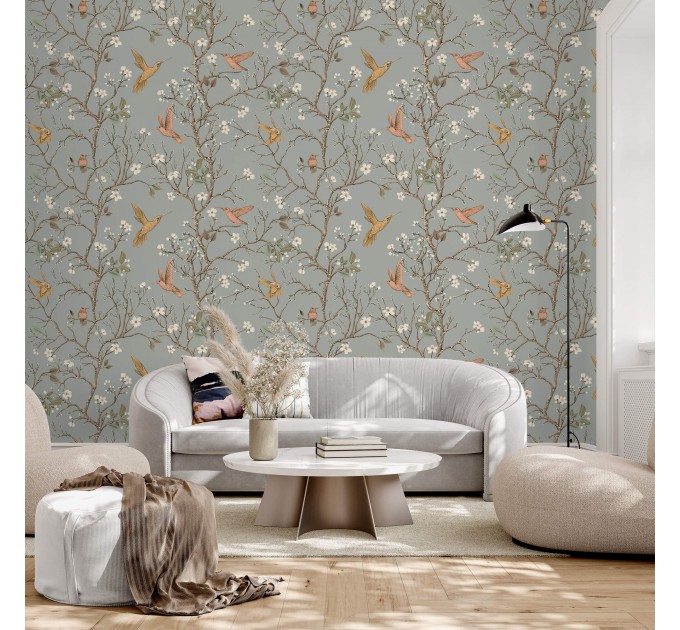 Wallpaper Chinoiserie style with hummingbirds