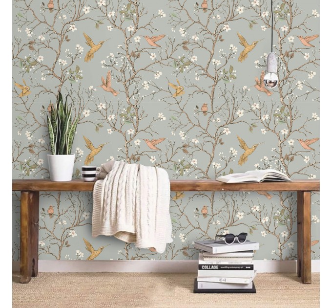 Wallpaper Chinoiserie style with hummingbirds