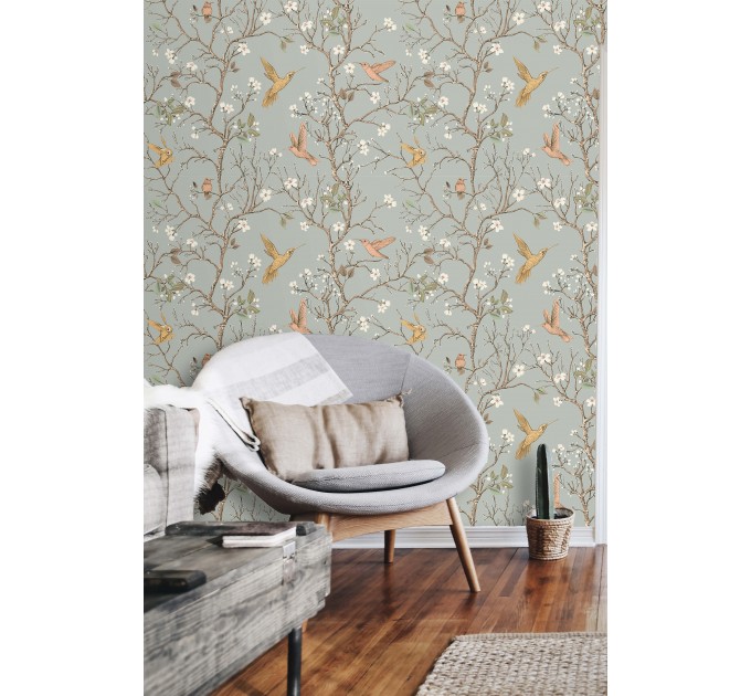 Wallpaper Chinoiserie style with hummingbirds