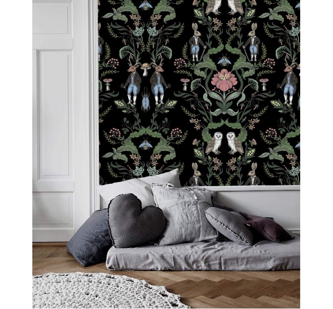 Wallpaper vintage fairy animals Dark academia style decor.