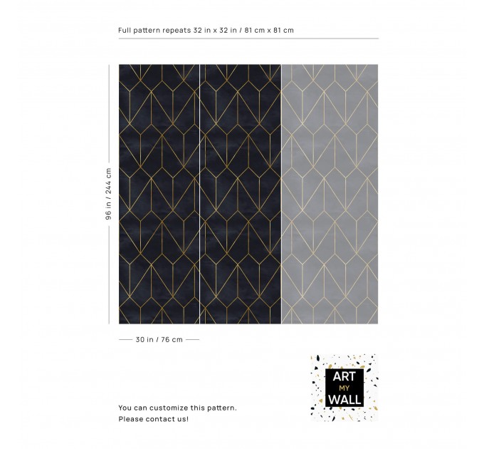 Geometric art deco wallpaper, black gold non metallic decor