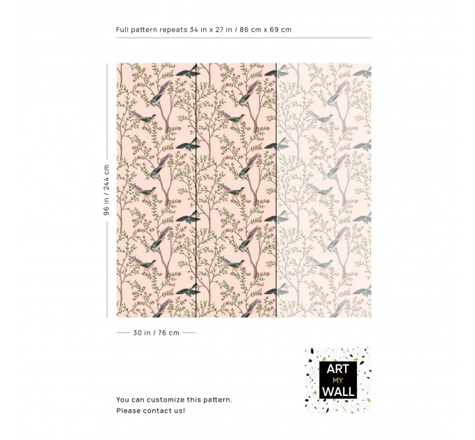 Botanical wallpaper birds pink Chinoiserie accent wallpaper