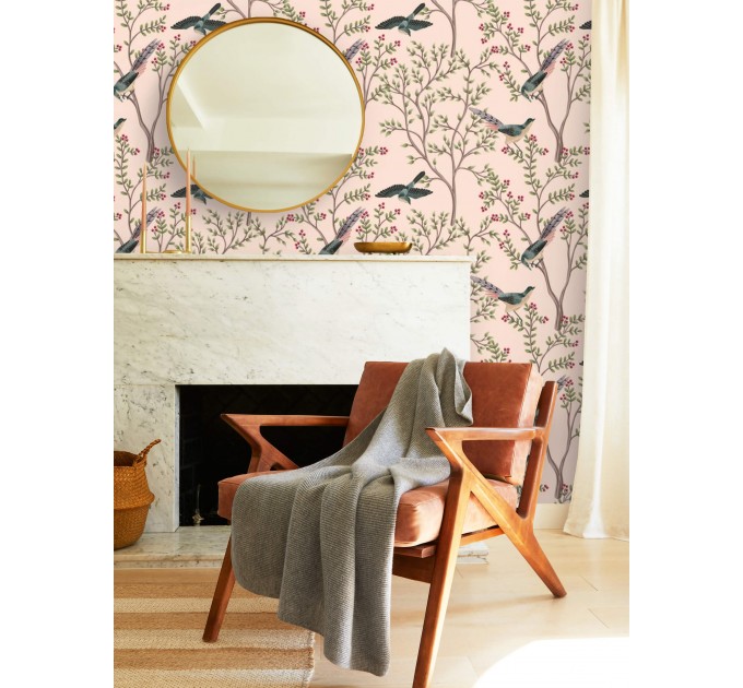 Botanical wallpaper birds pink Chinoiserie accent wallpaper