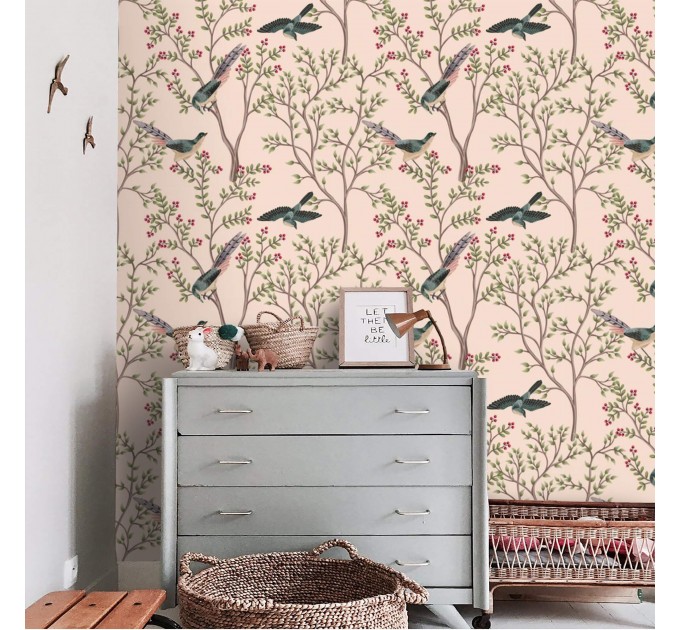 Botanical wallpaper birds pink Chinoiserie accent wallpaper