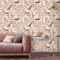Botanical wallpaper birds pink Chinoiserie accent wallpaper