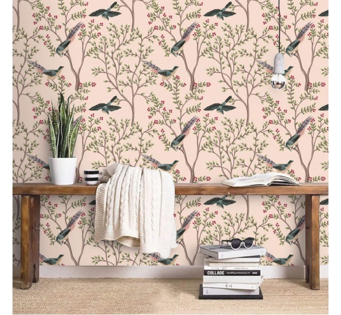 Botanical wallpaper birds pink Chinoiserie accent wallpaper