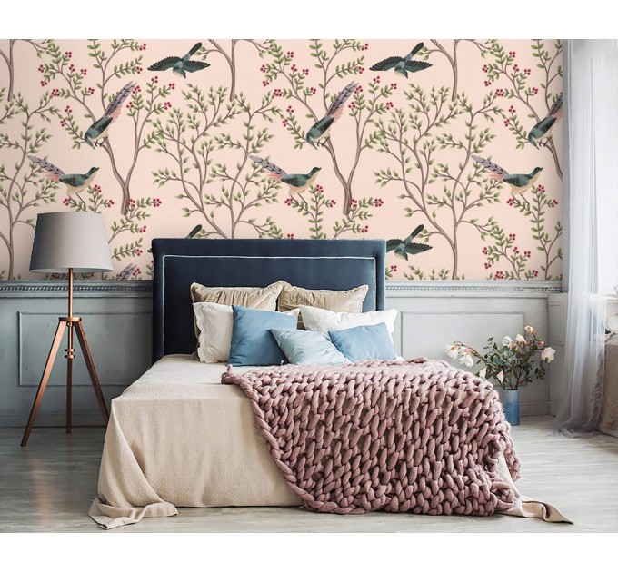 Botanical wallpaper birds pink Chinoiserie accent wallpaper