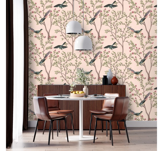 Botanical wallpaper birds pink Chinoiserie accent wallpaper