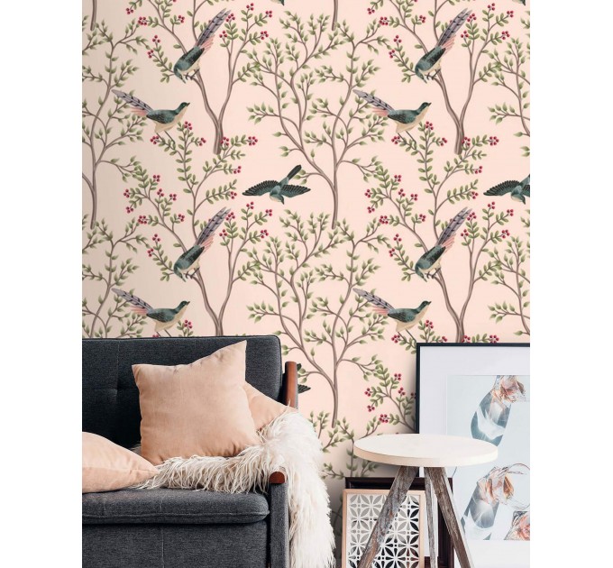 Botanical wallpaper birds pink Chinoiserie accent wallpaper