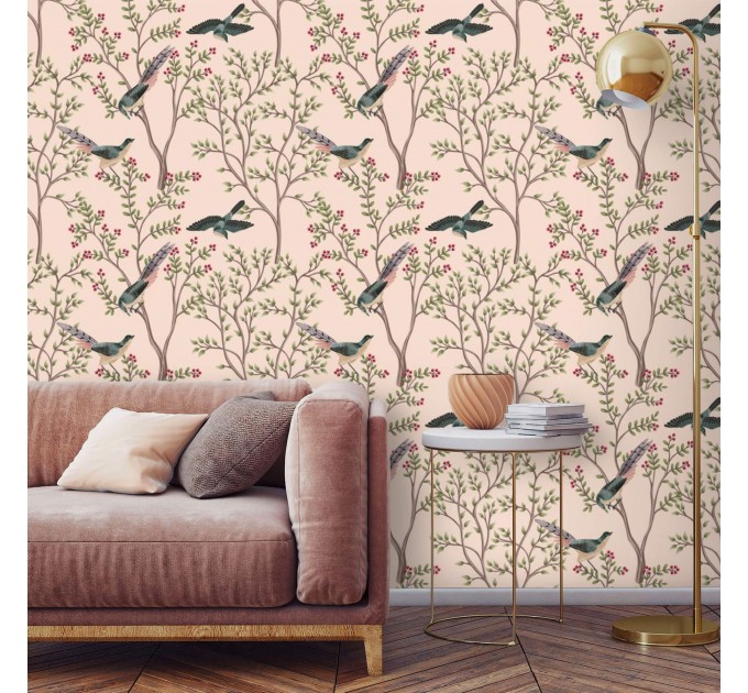 Botanical wallpaper birds pink Chinoiserie accent wallpaper