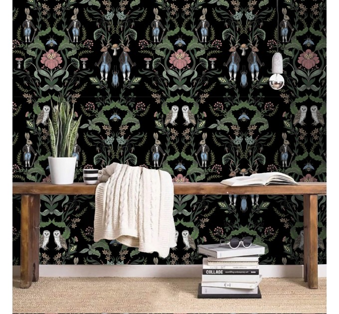 Wallpaper vintage fairy animals Dark academia style decor.