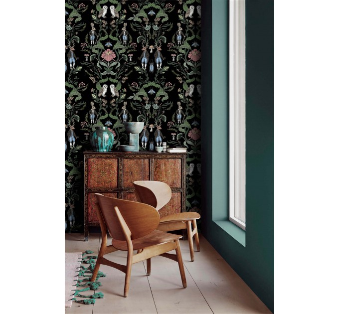 Wallpaper vintage fairy animals Dark academia style decor.