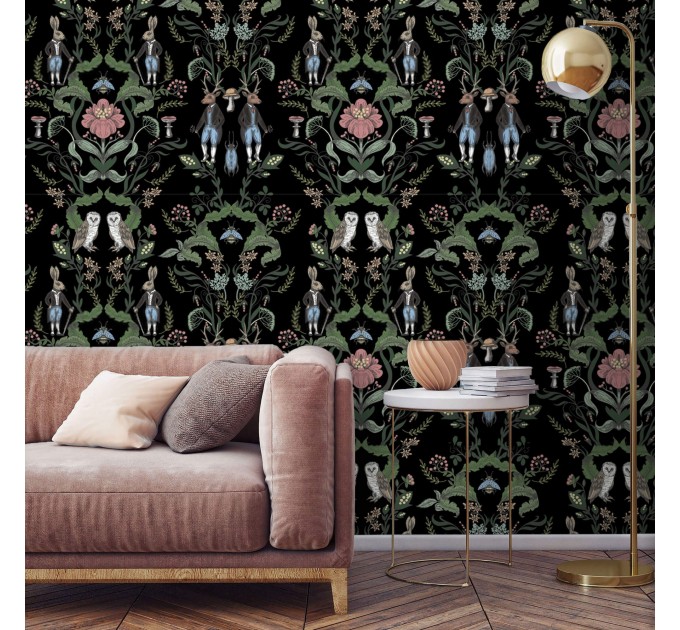 Wallpaper vintage fairy animals Dark academia style decor.