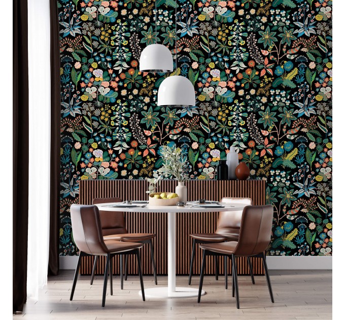 Dark floral wallpaper botanical, leaves flowers and herbs