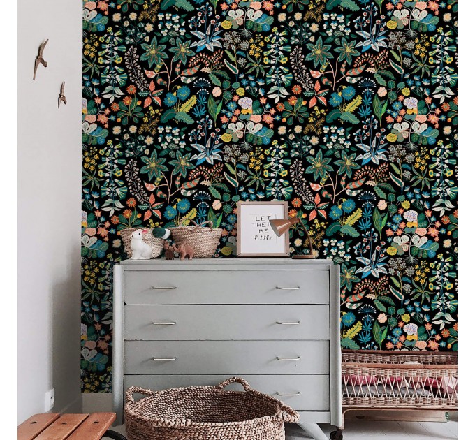 Dark floral wallpaper botanical, leaves flowers and herbs
