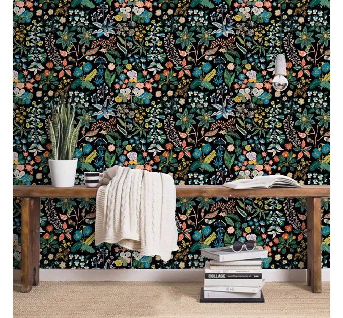 Dark floral wallpaper botanical, leaves flowers and herbs